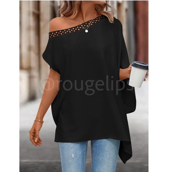 Guipure Trim Off Shoulder Black Loose Fitting Flowy Blouse Top - Picture 5 of 7